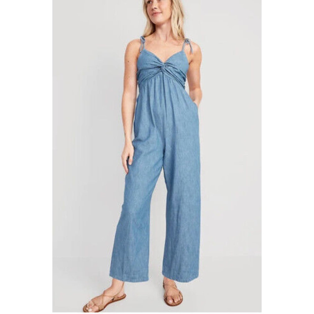 Old Navy Tie Shoulder Denim Twist Front Jumpsuit Romper Blue XS Tall NEW
